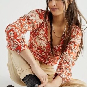 NWT Free People Say The Word Orange Floral Red Combo Long Sleeve Ruc